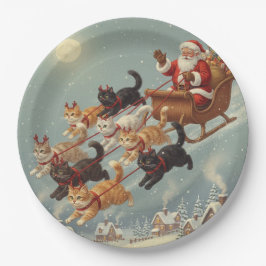 Santa Sleigh with Flying Cats Paper Plates Papieren Bordje