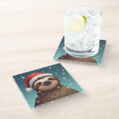 Santa Sloth, Glass Coaster Glazen Onderzetter (Schuin)
