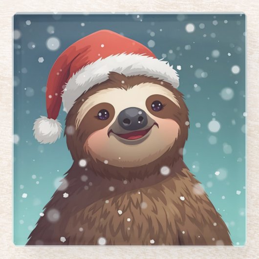 Santa Sloth, Glass Coaster Glazen Onderzetter (Voorkant)