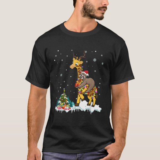 Santa Sloth Riding Giraffe Reindeer Xmas Light Lov T-shirt (Voorkant)