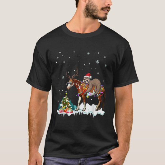 Santa Sloth Riding Horse Reindeer Xmas Light Lover T-shirt (Voorkant)