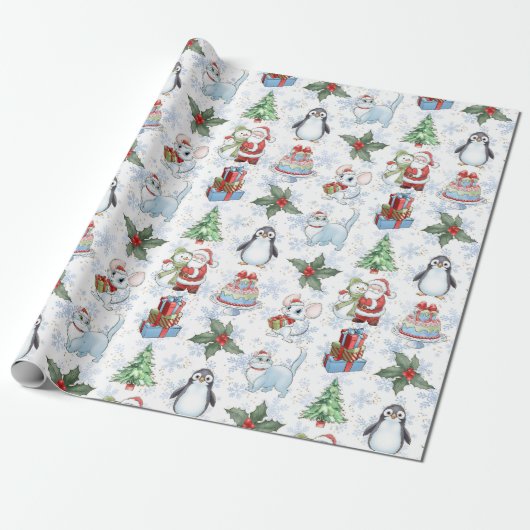 Santa sneeuwman kat pinguïn inpakpapier (Uitgerold)