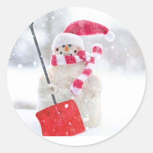 Santa Sneeuwman met Rode Schop Ronde Sticker (Voorkant)
