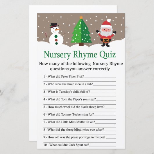 Santa,sneeuwman Nursery Rhyme Quiz baby shower gam (Voorkant / Achterkant)