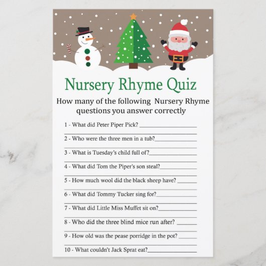 Santa,sneeuwman Nursery Rhyme Quiz baby shower gam (Voorkant)