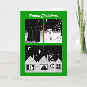santa snowman and three kings black and white art feestdagen kaart