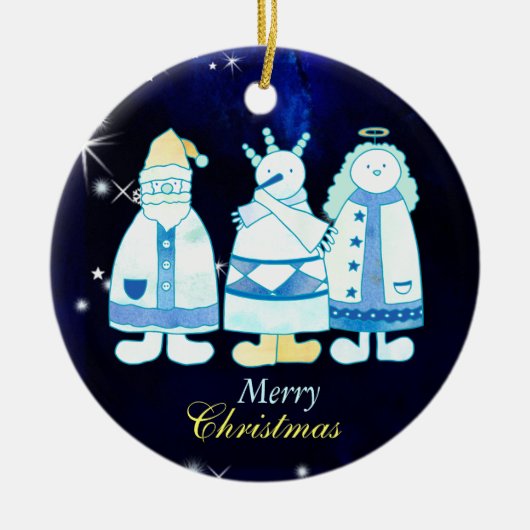Santa Snowman Angel Blue-kerstboom Keramisch Ornament (Voorkant)