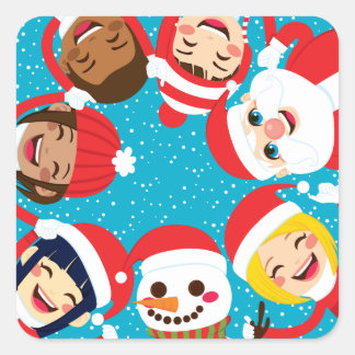Santa Snowman en kinderen die handen vasthouden Vierkante Sticker