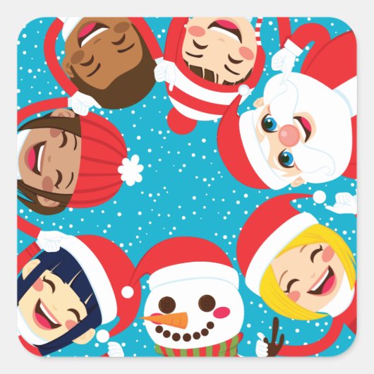 Santa Snowman en kinderen die handen vasthouden Vierkante Sticker (Voorkant)