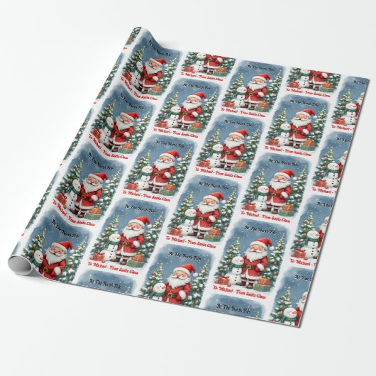 Santa & Snowman personaliseren naam Kind Cadeaupapier (Uitgerold)