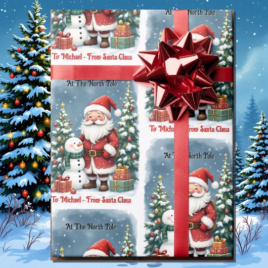 Santa & Snowman personaliseren naam Kind Cadeaupapier