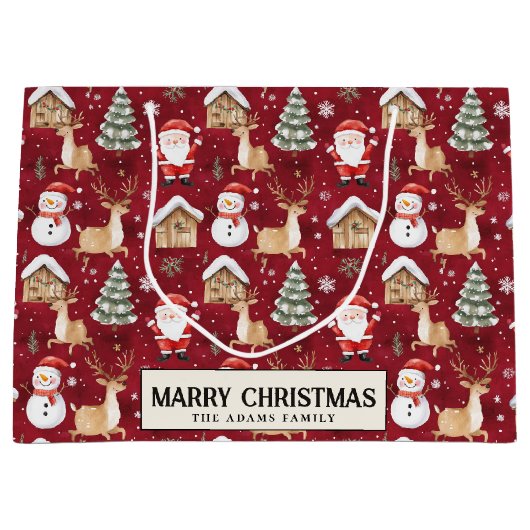 Santa Snowman Pine Tree Red Custom Merry Christmas Groot Cadeauzakje (Voorkant)