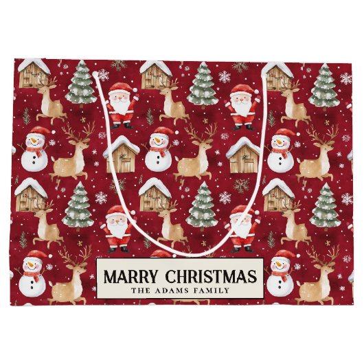 Santa Snowman Pine Tree Red Custom Merry Christmas Groot Cadeauzakje (Achterkant)