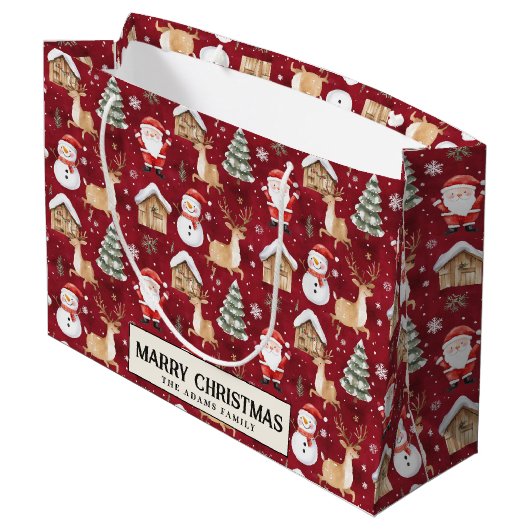 Santa Snowman Pine Tree Red Custom Merry Christmas Groot Cadeauzakje (Achterkant Gekanteld)