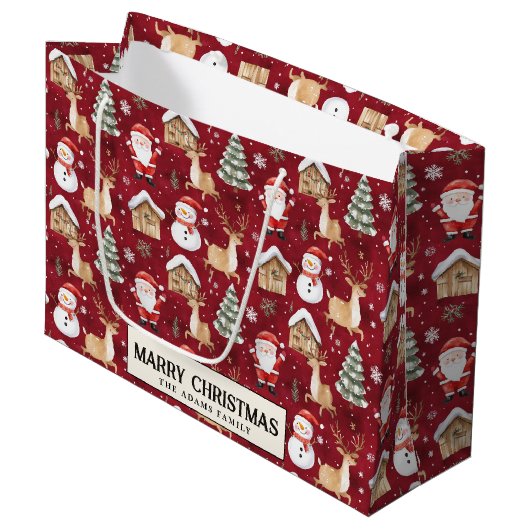 Santa Snowman Pine Tree Red Custom Merry Christmas Groot Cadeauzakje (Voorkant Gekanteld)