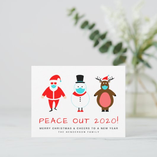 Santa Snowman Reindeer Mask Funny Peace Out 2020 Feestdagenkaart (Staand voorkant)