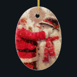 Santa Snowman Scene Keramisch Ornament<br><div class="desc">Oval Ornament</div>