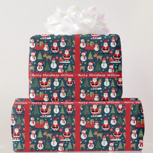 Santa Snowman Voeg Naam & Tekst Schattige Kerstmis Cadeaupapier