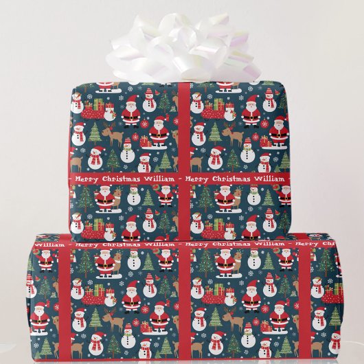 Santa Snowman Voeg Naam & Tekst Schattige Kerstmis Cadeaupapier