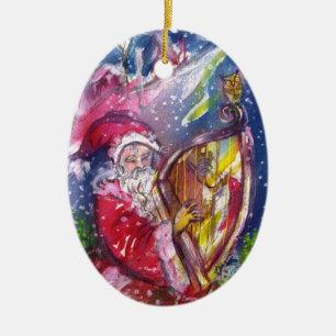 SANTA SPEELT HARP IN MOONLIGHT Red Ruby met Kerstm Keramisch Ornament