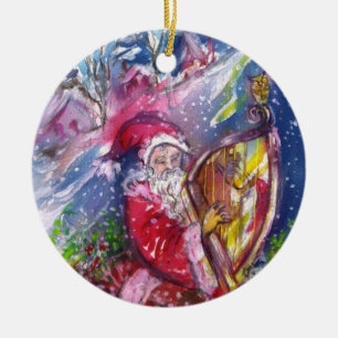 SANTA SPEELT HARP IN MOONLIGHT Red Ruby met Kerstm Keramisch Ornament