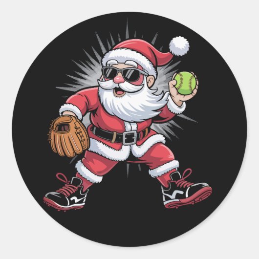 Santa speelt softbal als Pitcher Christmas Sports Ronde Sticker (Voorkant)