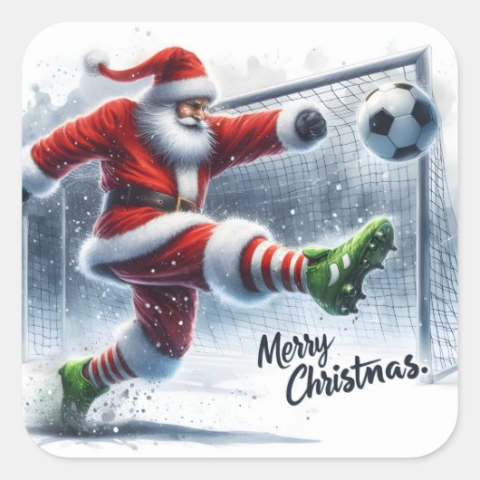 Santa speelt voetbal in Winter Wonderland Vierkante Sticker (Voorkant)