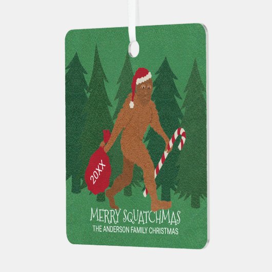 Santa Squatch Funny Kerstmis, dubbelzijdig Metalen Ornament (Voorkant links)