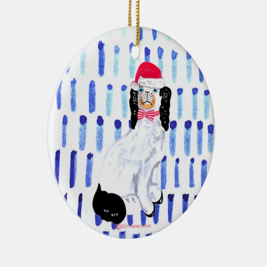 Santa Staffordshire-hond op blauwe keramische sier Keramisch Ornament (Rechts)