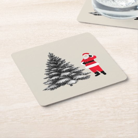 Santa standing near pine tree kartonnen onderzetters (Schuin)