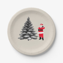 Santa standing near pine tree papieren bordje
