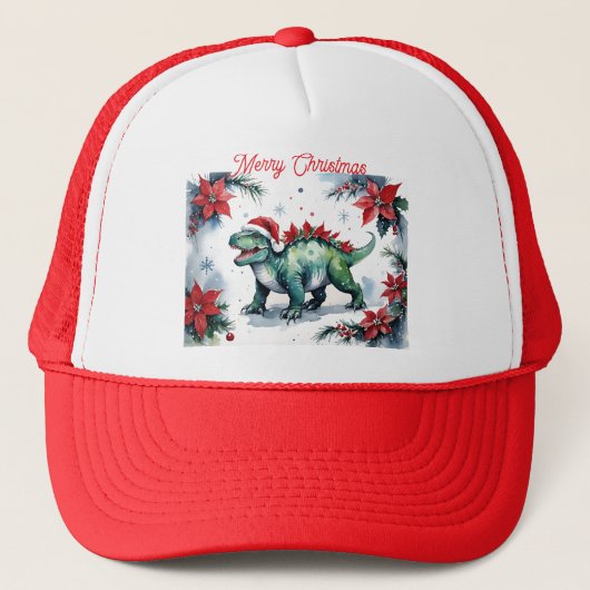 Santa Stegosaurus Dinosaur & Christmas Poinsettias Trucker Pet (Voorkant)