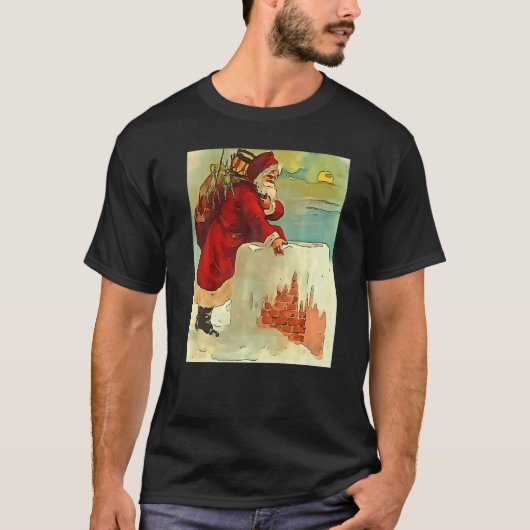 Santa Stepping Into A Rooftop Chimney Black Outlin T-shirt (Voorkant)