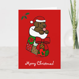 Santa Stocking Chocolate Lab Puppy Cartoon Feestdagen Kaart