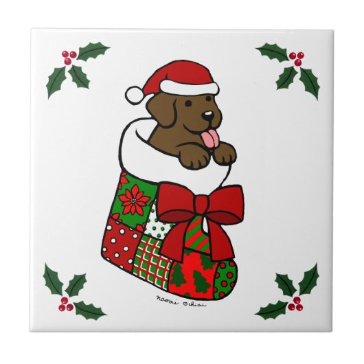 Santa Stocking Chocolate Labrador Puppy Cartoon Tegeltje (Voorkant)