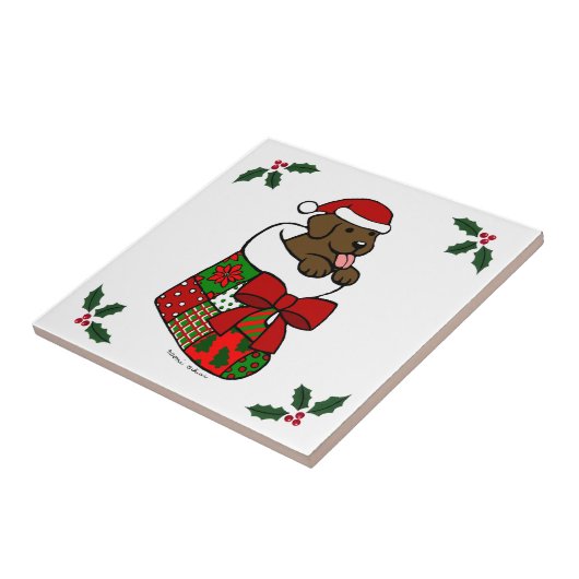 Santa Stocking Chocolate Labrador Puppy Cartoon Tegeltje (Zijkant)