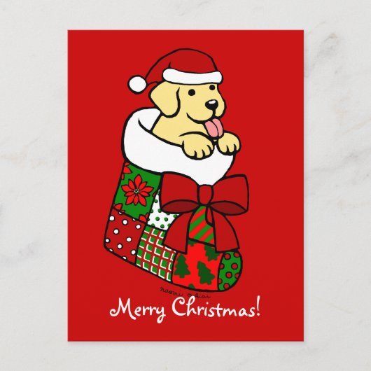 Santa Stocking Yellow Labrador Puppy Cartoon Feestdagenkaart (Voorkant)