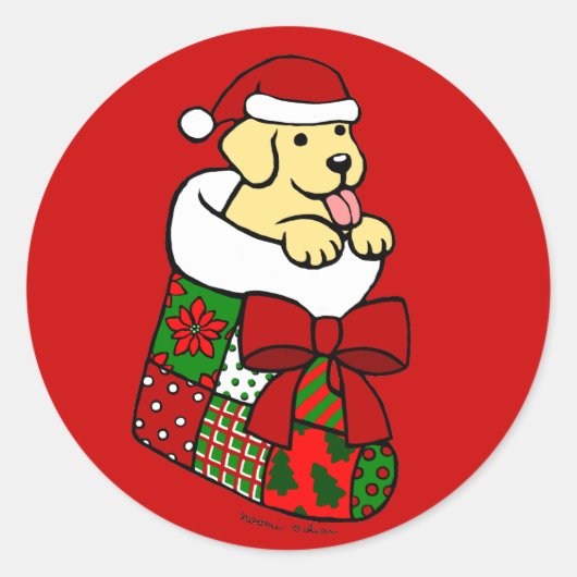 Santa Stocking Yellow Labrador Puppy Cartoon Ronde Sticker (Voorkant)