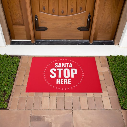 Santa Stop hier rood en wit grappig Deurmat (Buiten)