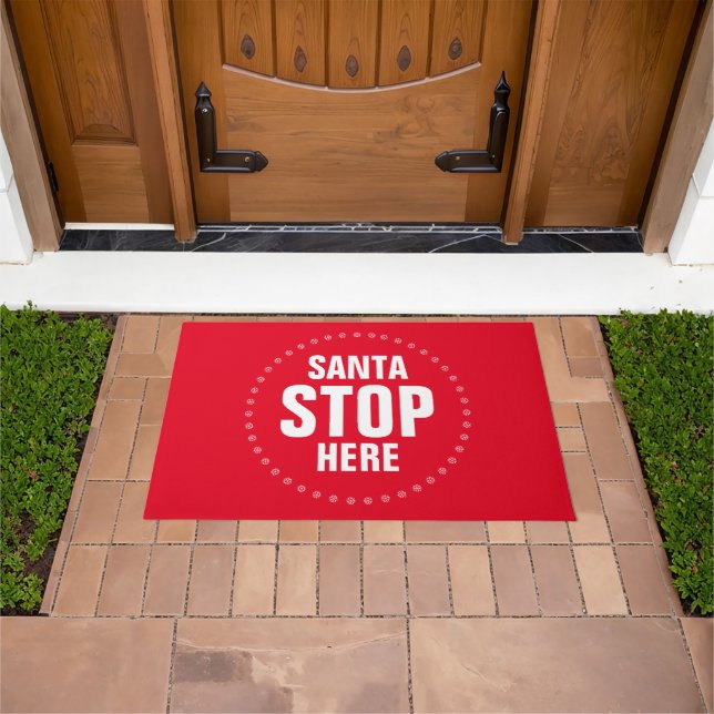 Santa Stop hier rood en wit grappig Deurmat (Buiten)