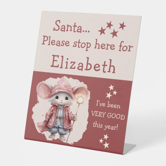 Santa stop hier voeg naam schattige muis roze reclamebord met voetstuk (Voorkant)