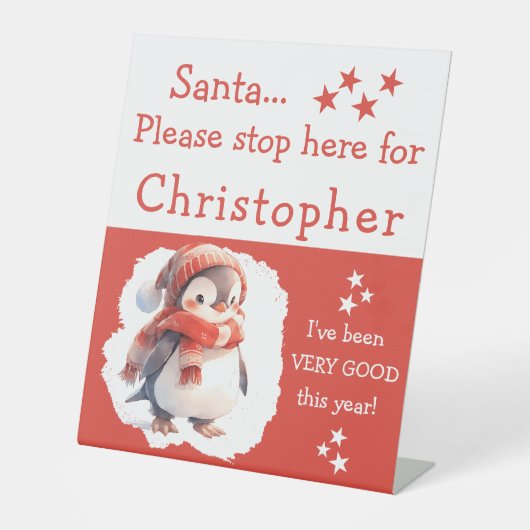 Santa stop hier voeg naam schattige pinguïn rood reclamebord met voetstuk (Voorkant)