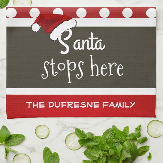 "Santa Stops here" kerstpoka Dots Theedoek (Gevouwen)