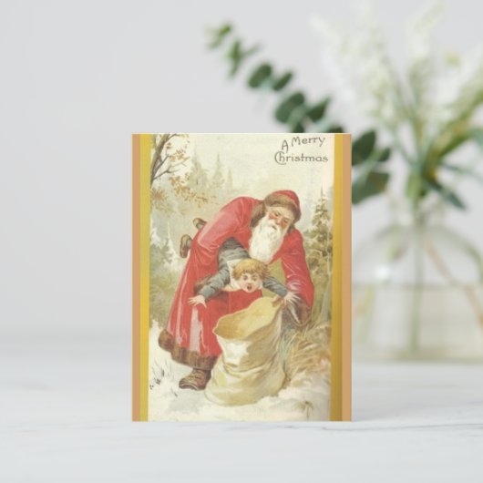 Santa Stuffing Naughty Boy in een zak Feestdagenkaart (Staand voorkant)