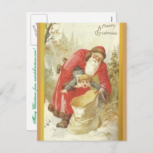 Santa Stuffing Naughty Boy in een zak Feestdagenkaart (Voorkant / Achterkant)