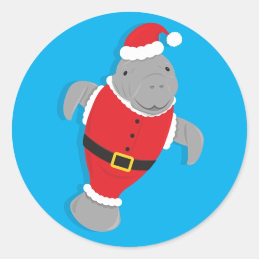 Santa Suit Cartoon Manatee Kerstmis Ronde Sticker (Voorkant)