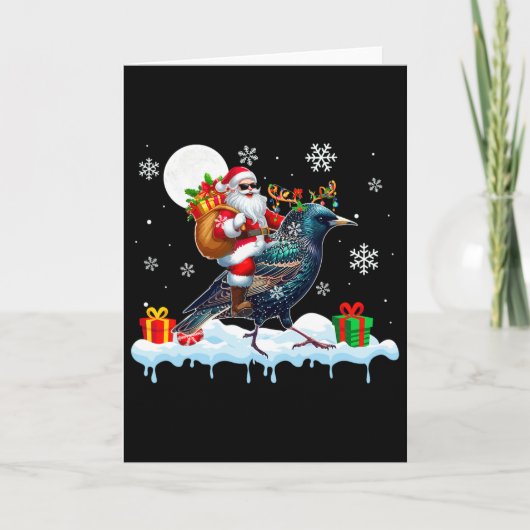 Santa Sungles Riding Reindeer Starling Bird Enthus Kaart (Voorkant)