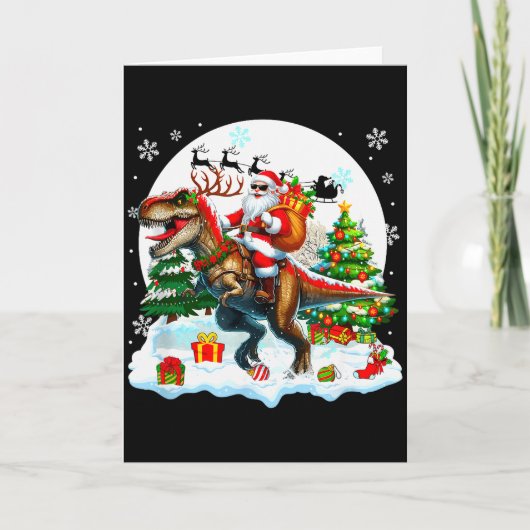 Santa Sungles Riding T-rex Reindeer Christmas Snow Kaart (Voorkant)