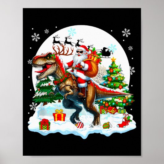 Santa Sungles Riding T-rex Reindeer Christmas Snow Poster (Voorkant)