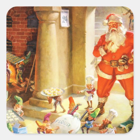 Santa Supervise Elfen bakken Kerstkoekjes Vierkante Sticker (Voorkant)